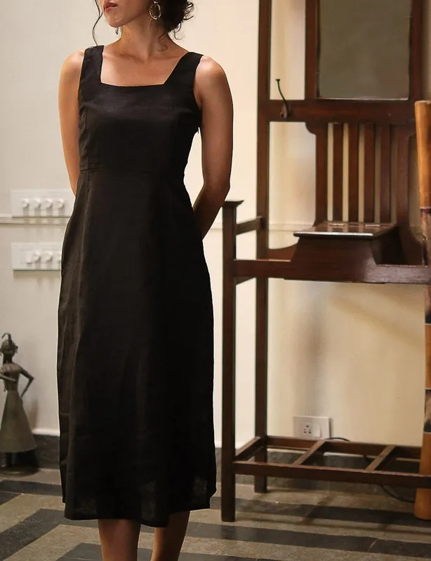 Black Linen Square-Neck Midi Dress