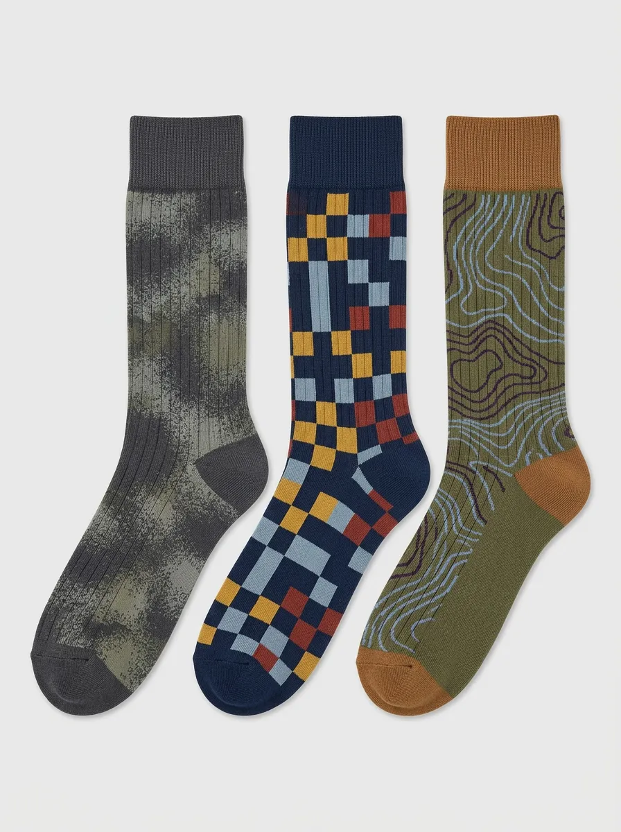 Men's Topographic Lines Camouflage Three-Pair Crew Socks