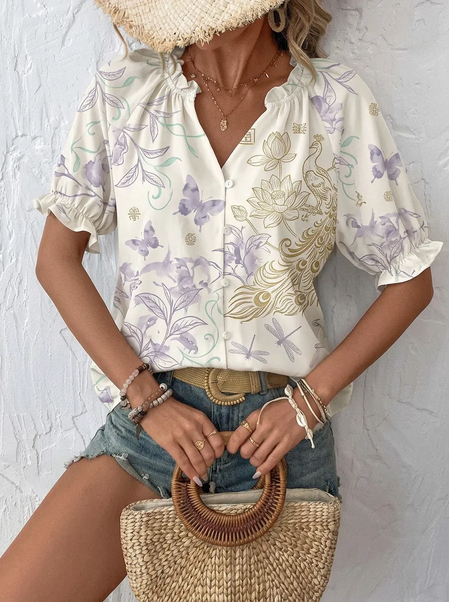 Women's Vintage Floral Peacock Butterfly Printed Button-up Blouse