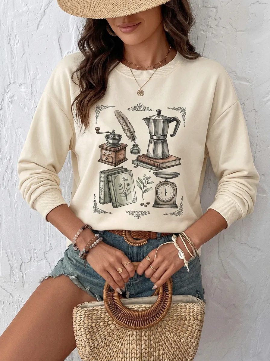 Women's Coffee Lover Vintage Stationery Printed Sweatshirt