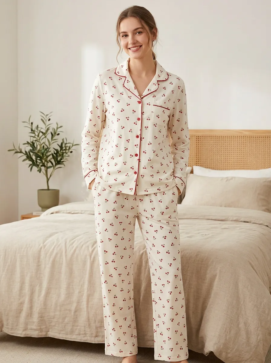 Women's Cherry Print Loungewear Set with Contrast Piping