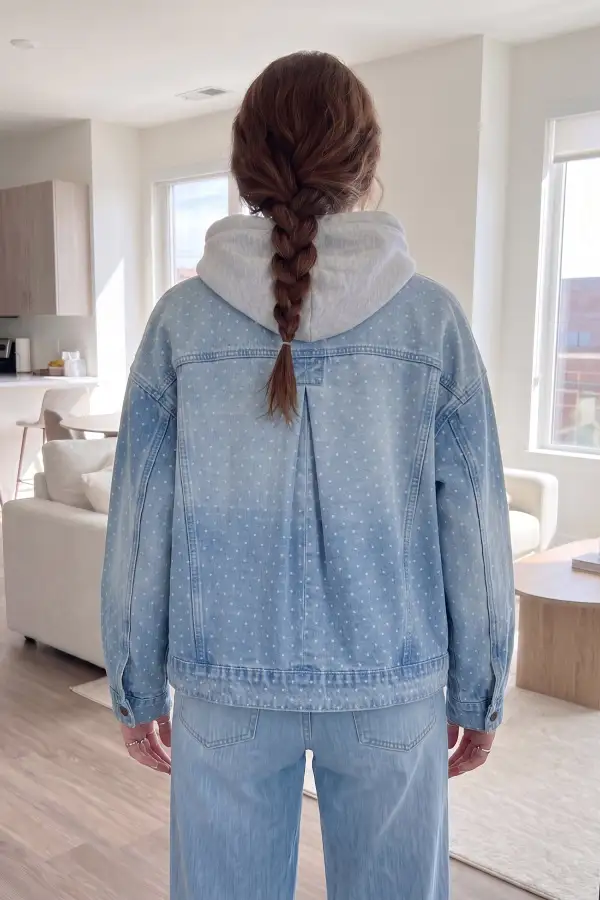 Refined Collared Denim Polka-Dot Pocketed Jacket