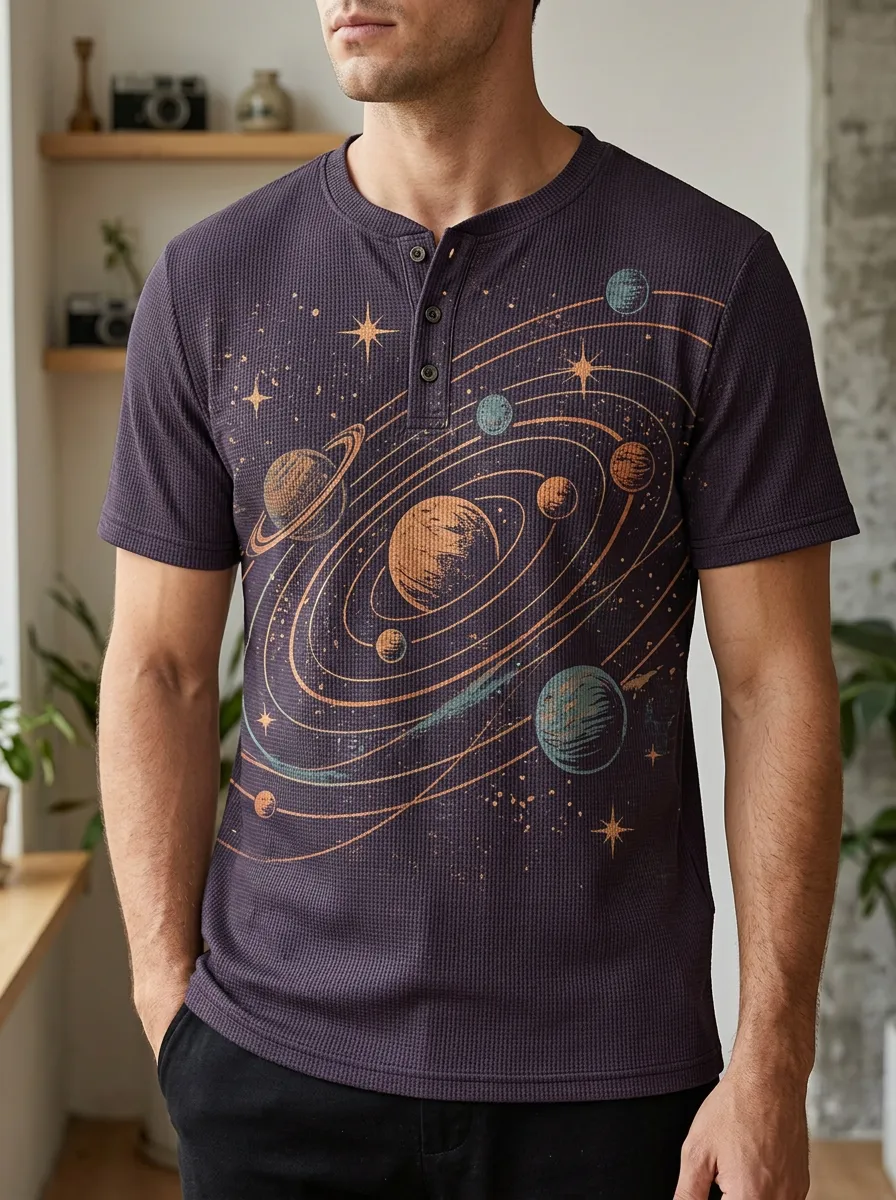 Men's Classic Space Astronomy Solar System Henley T-Shirt