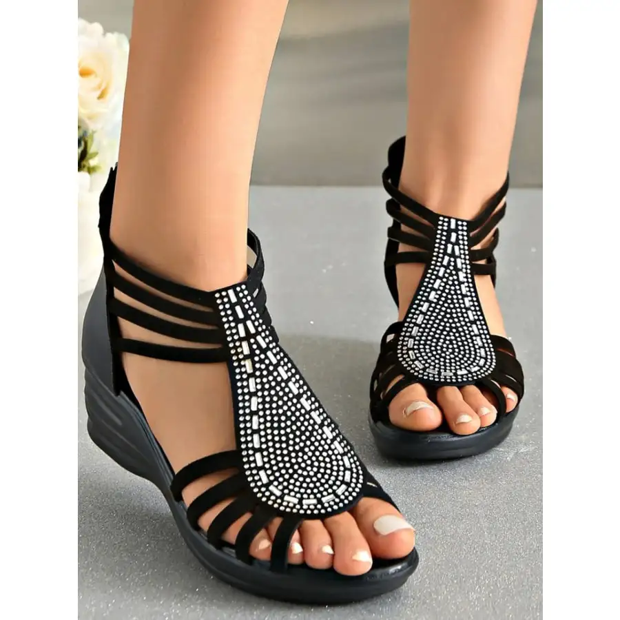 Rhinestone Embellished Strappy Wedge Sandals