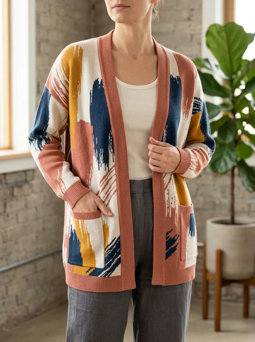 Women's Abstract Brushstroke Pattern Printed Hip Length Versatile Weekend Cardigan