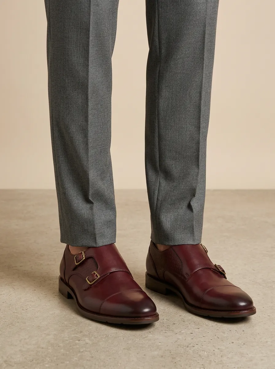 Men's Double Monk Strap Embossed Leather Shoes