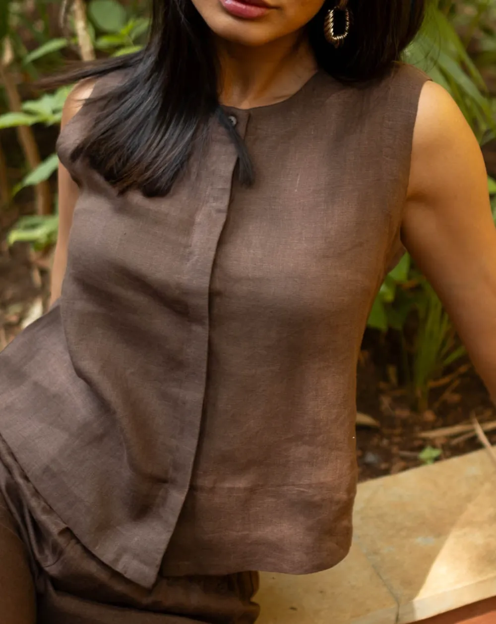 Brown Linen Matching Set with Sleeveless Shirt & Oversized Pants