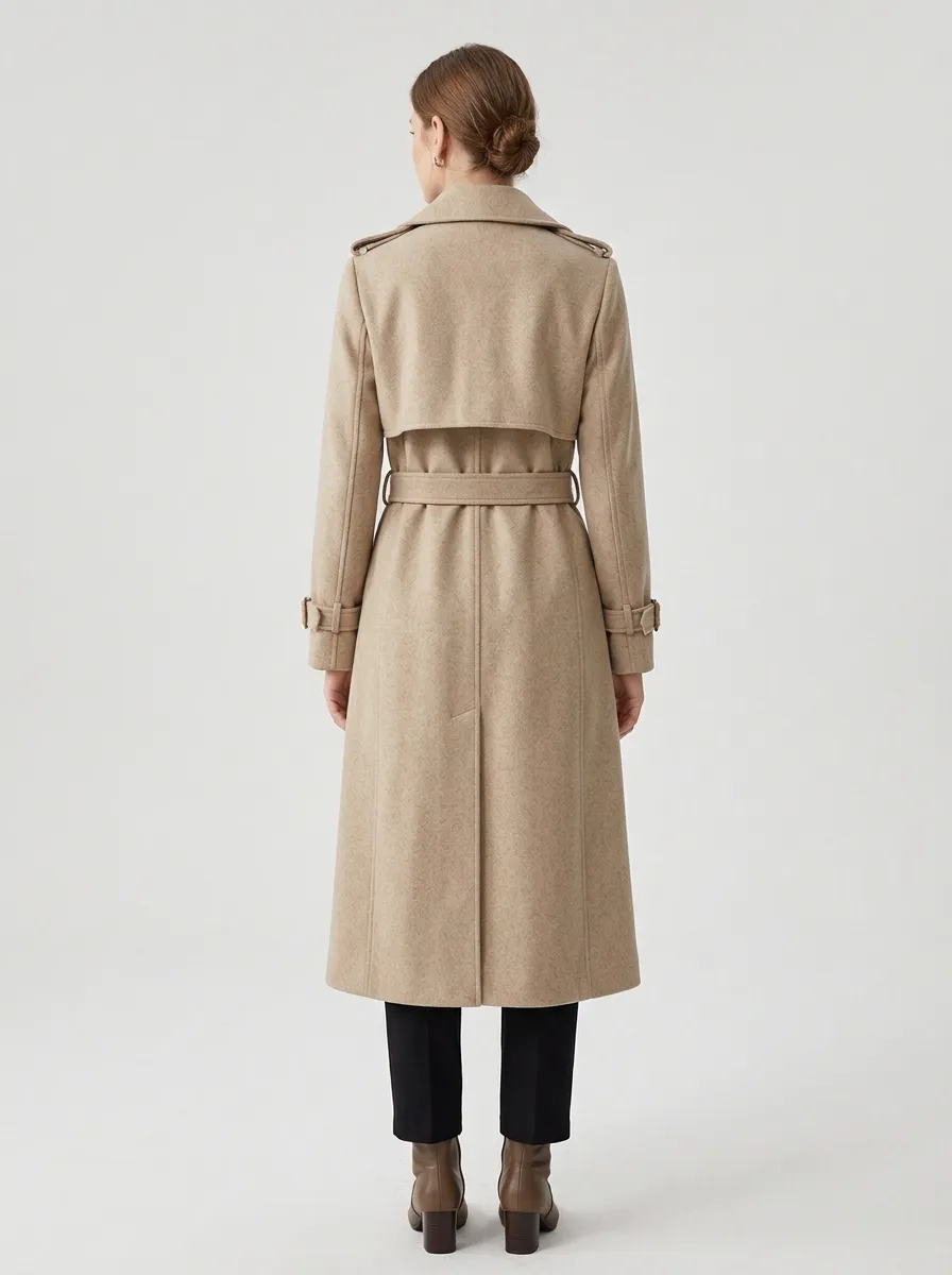 Women's Classic Refined Double-Breasted Belted Classic Long Trench Coat
