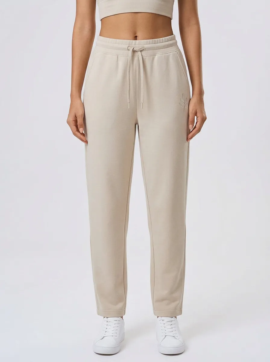 Women's Minimalist Leaf Logo Beige Printed Sweatpants