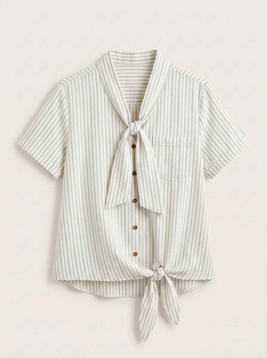 Women's Casual Vintage Striped Tie-Neck Printed Shirt