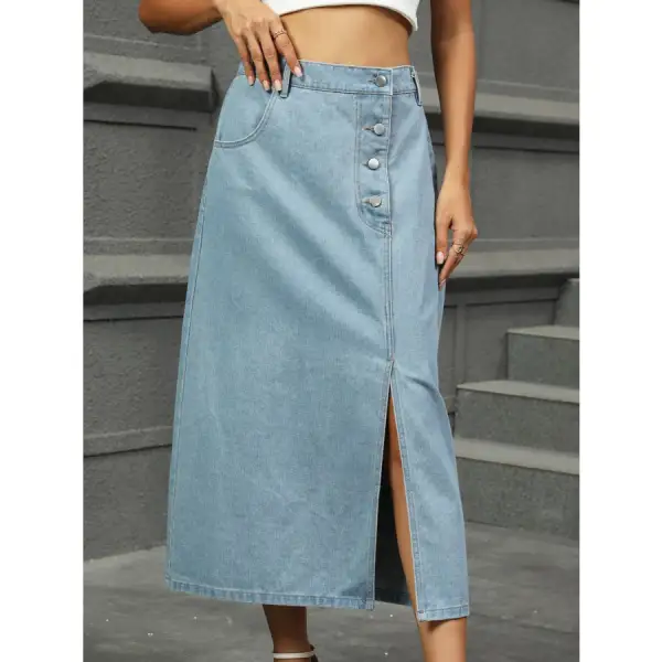 Slit Button Detail Denim Midi Skirt