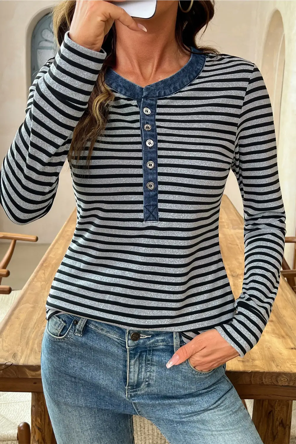 Striped Ribbed Relaxed Stretch Fabric Long Sleeve Top