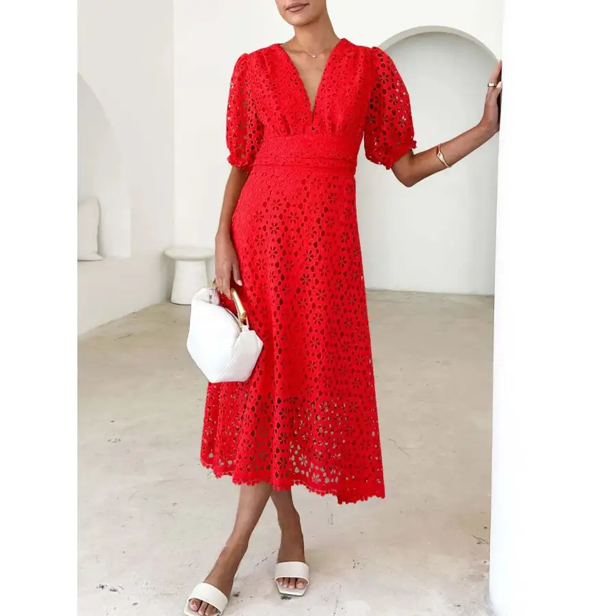 Eyelet Lace V-Neck Midi Dress with Puff Sleeves