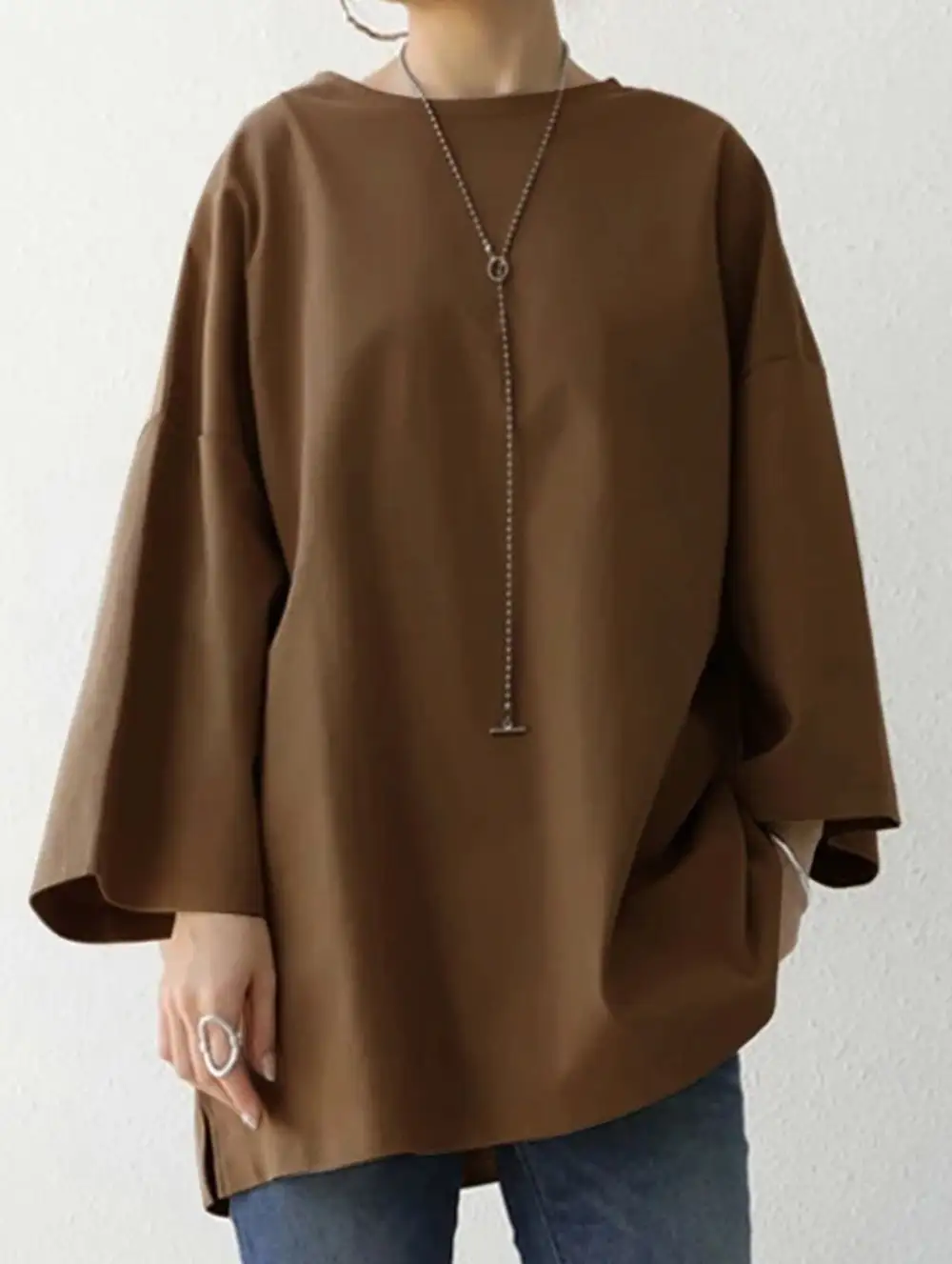 Round Neck Split Hem Long Sleeve Loose Top