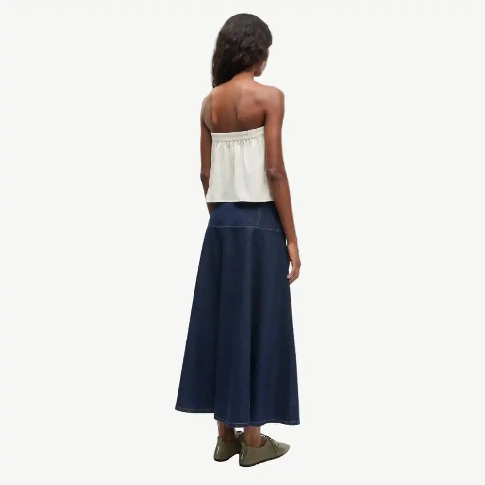 Belted Denim A-Line Midi Skirt