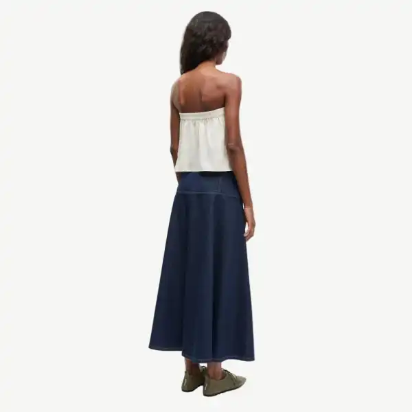 Belted Denim A-Line Midi Skirt