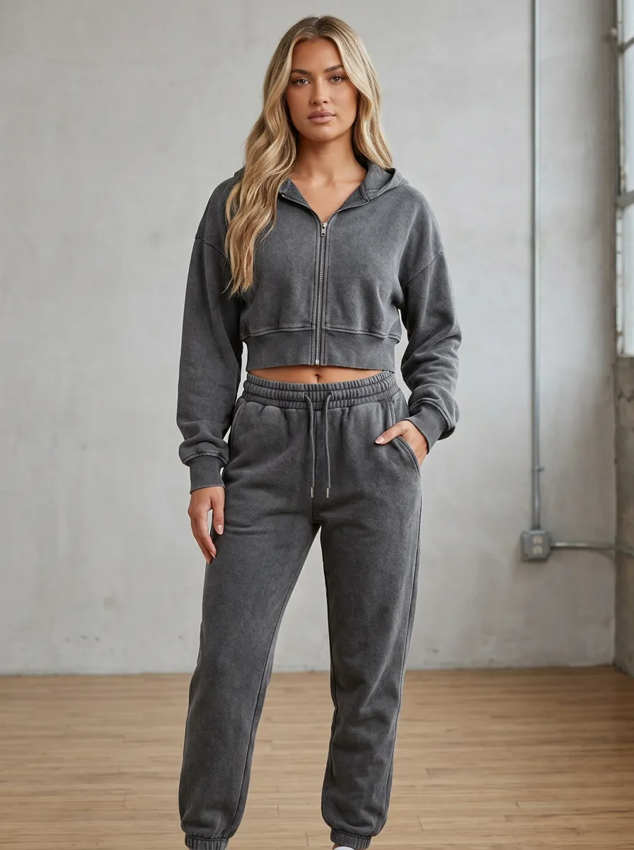Vintage-Wash Women's Cropped Zip-Up Hoodie Jogger Active Set