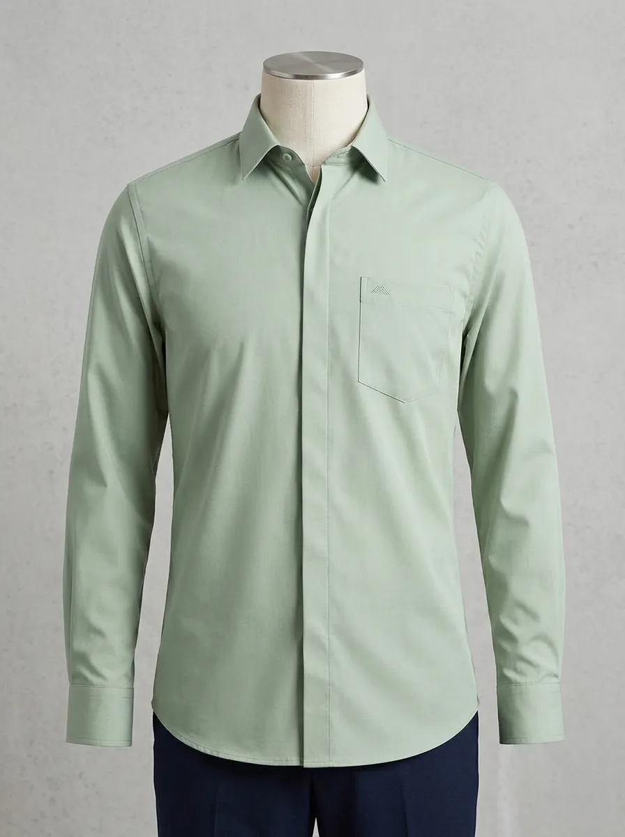 Men's Non-Iron Cotton Sage Green Embroidered Accent Long Sleeve Shirt