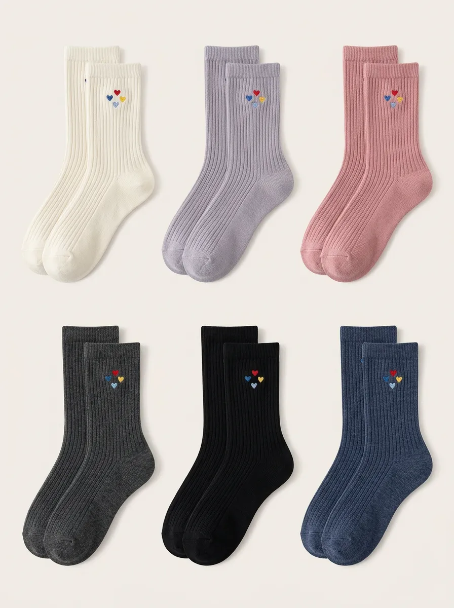 Women's Multicolor Heart Embroidered Ribbed Crew Socks 6-Pack