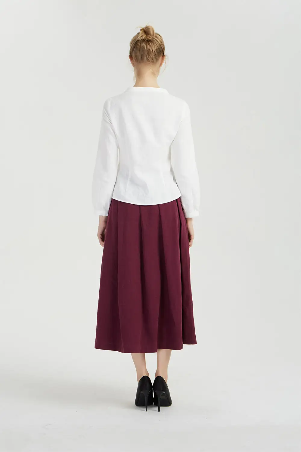 Refined Linen Pleated High Waist Midi Skirt