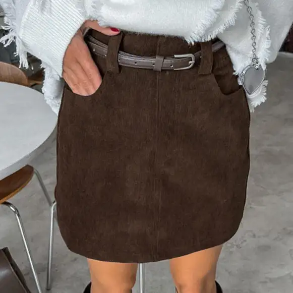 Casual High Waist Corduroy Pencil Mini Skirt