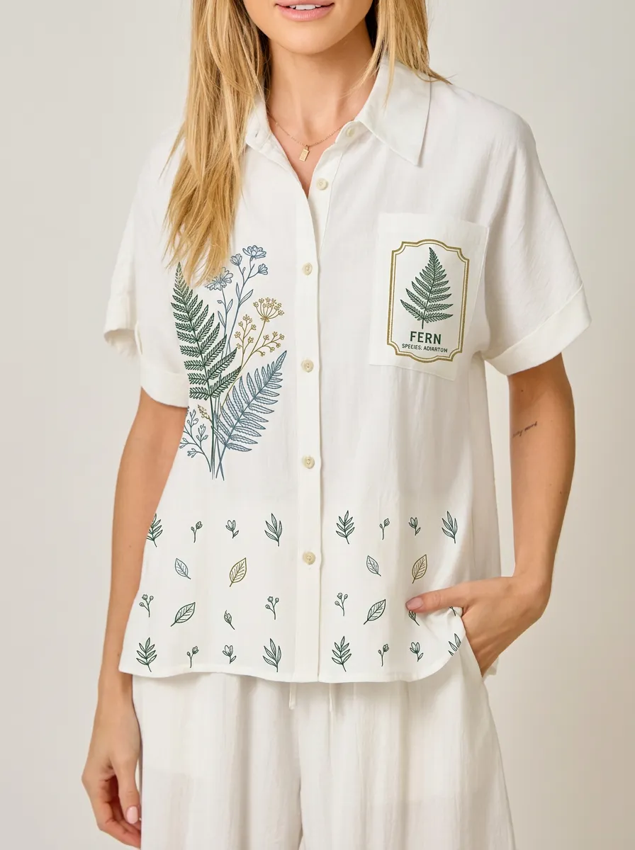 Women's Botanical Fern Leaf Graphic Button-up Shirt Tank Top