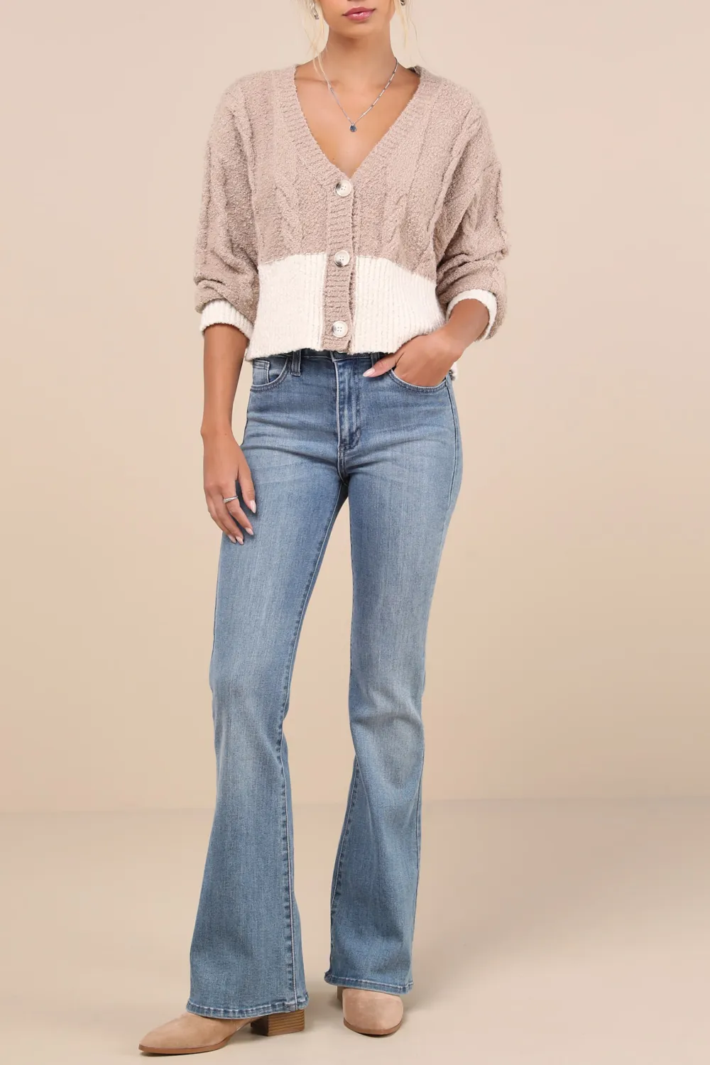 Daily Beige and Ivory Cable Knit Boucle Cardigan