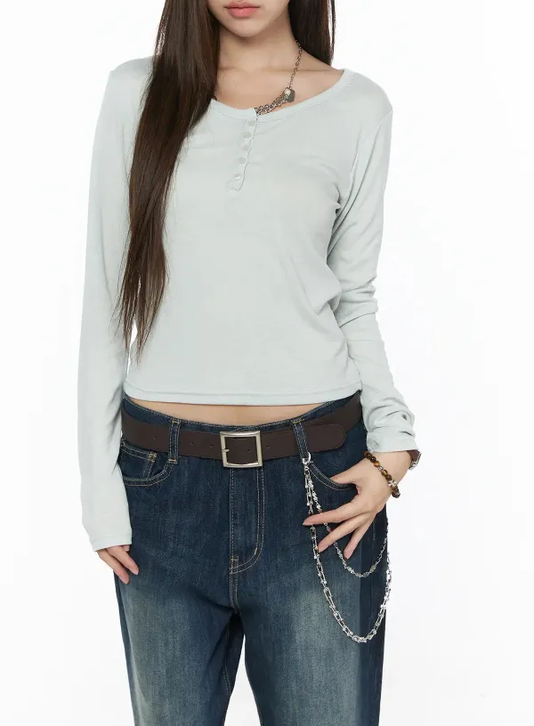 Slim Buttoned Henley Long Sleeve Top