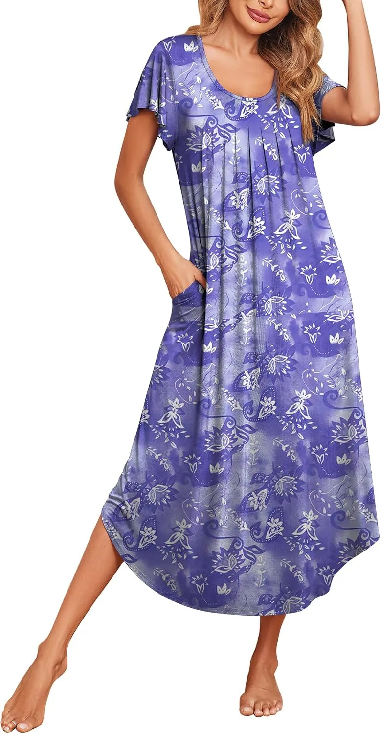 Ekouaer Long Nightgowns for Women with Pockets Short Sleeves House Dresses