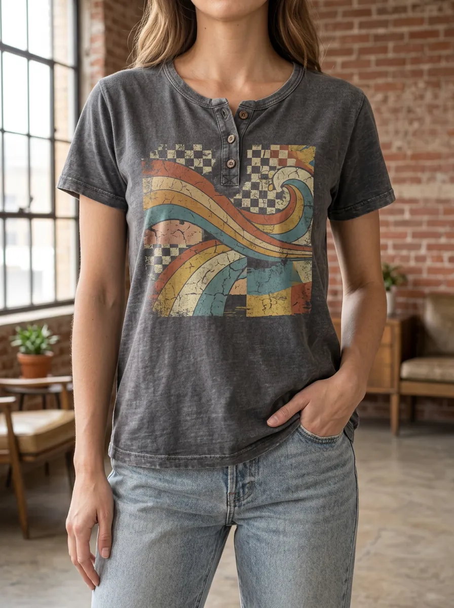 Women's Retro Wave Checkerboard Printed Henley T-shirt