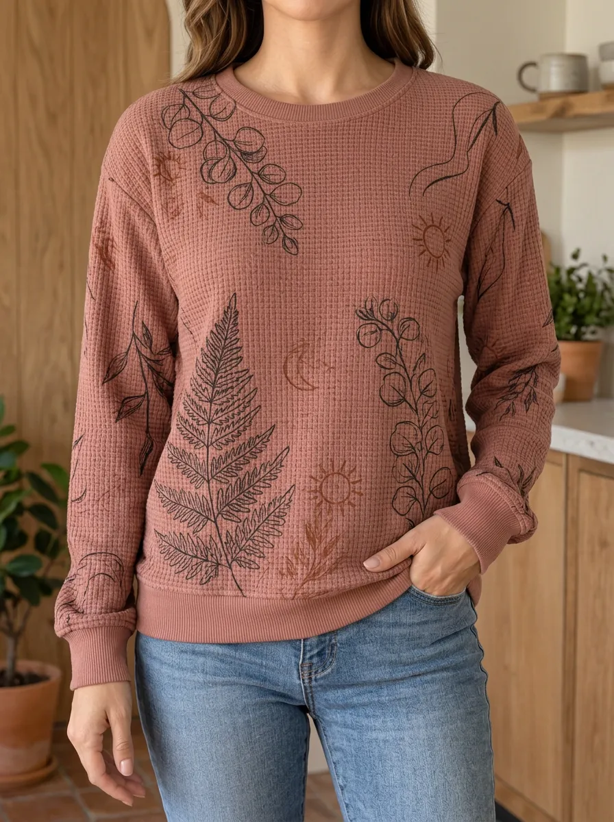 Women's Botanical Celestial Fern Printed Waffle Knit Sweatshirt