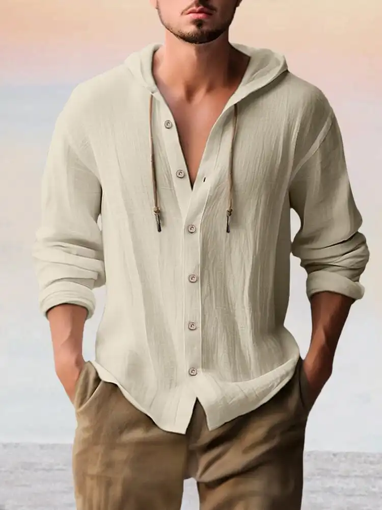 Ribbed Trim Cotton Linen Hoodie