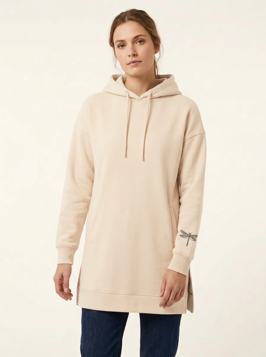 Women's Dragonfly-Sleeve Embroidered Longline Side-Slit Hoodie