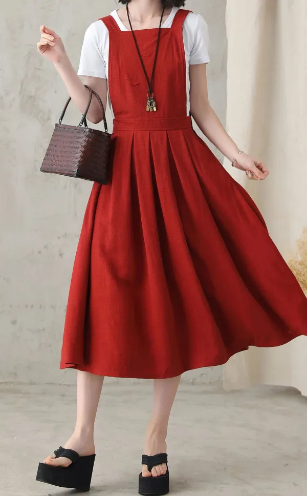 Linen Cotton Swing Pinafore Midi Dress