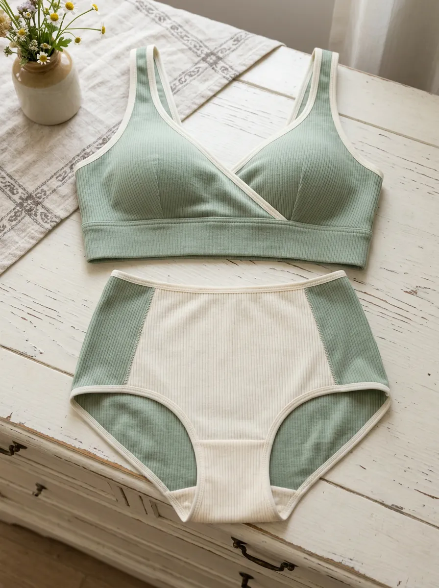 Women's Ribbed Colorblock And Ribbed Trim Detail Lingerie Set