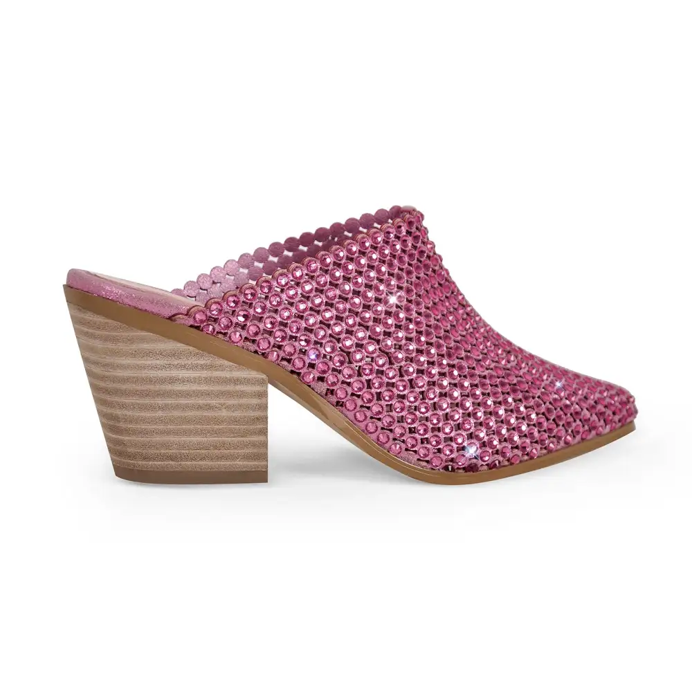 Rhinestone Pointed Toe Chunky Heel Heeled Mules