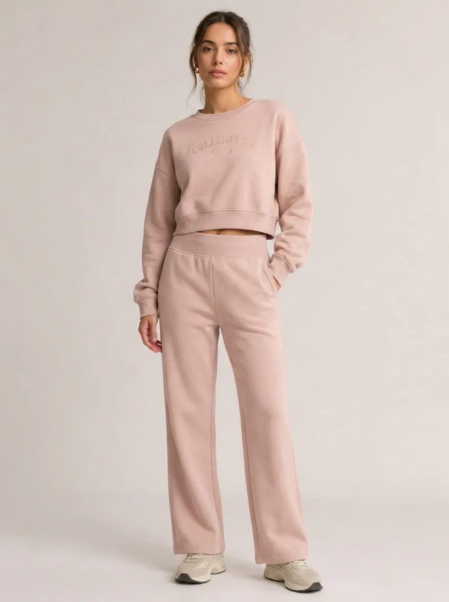 Women's Collegiate Style Pink Embroidered Crop Sweatshirt Lounge Set