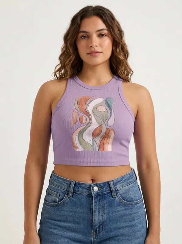 Women's Abstract Art Aesthetic Printed Ribbed Crop Tank Top