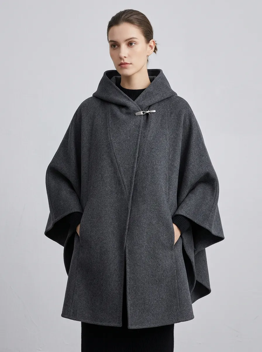 Hooded Clasp-Front Knit Women's Cape Poncho