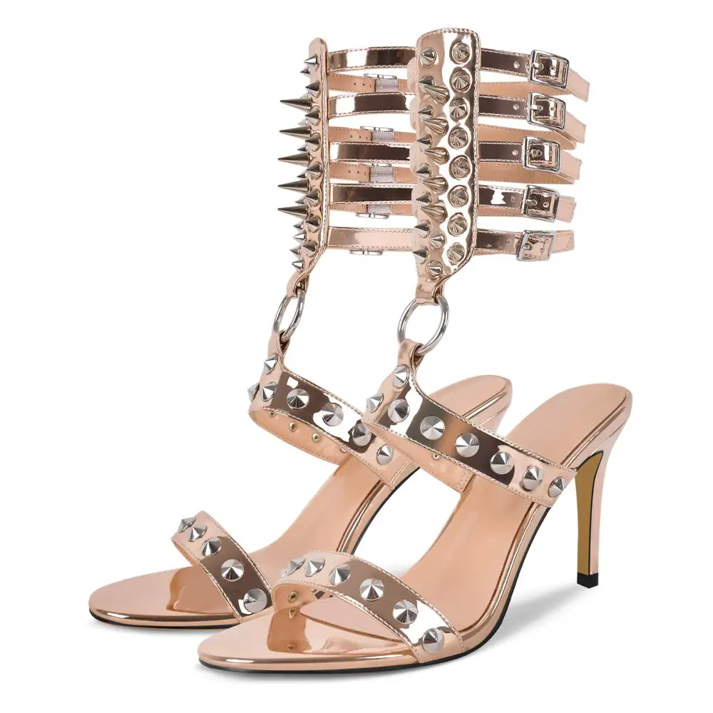 Round Toe Rivet Multi Buckle Strap Sandals