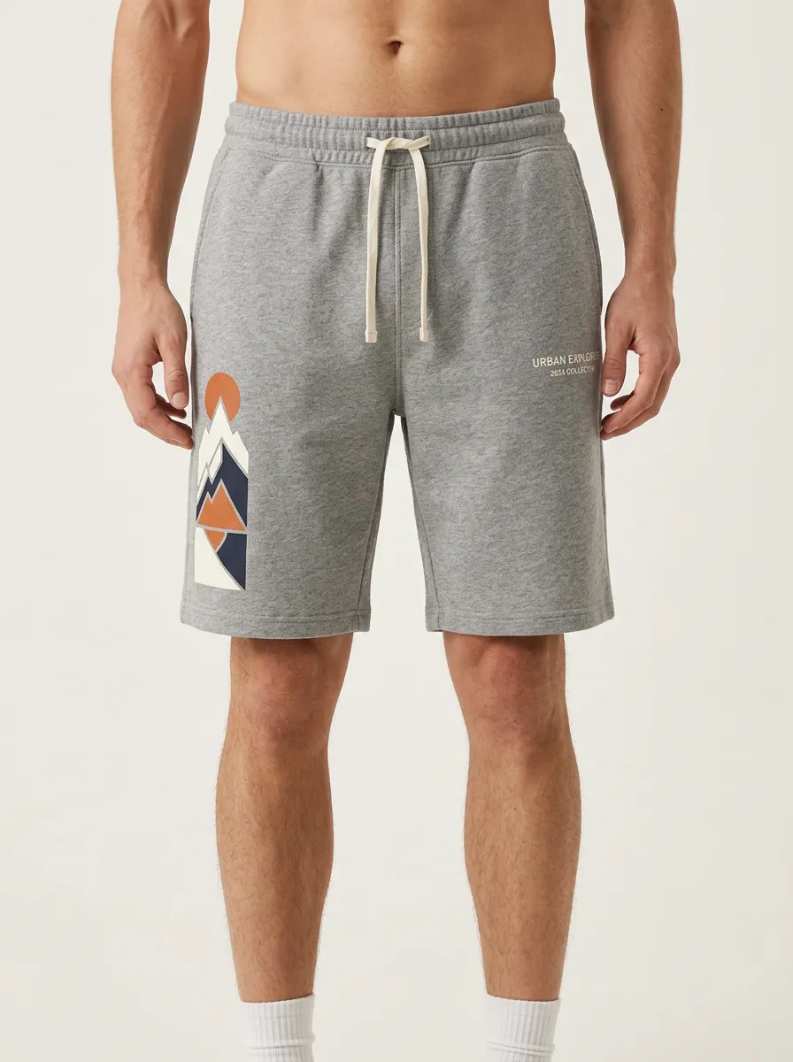 Men's Mountain Sunset Drawstring Elastic-Waist Printed Sweat Shorts