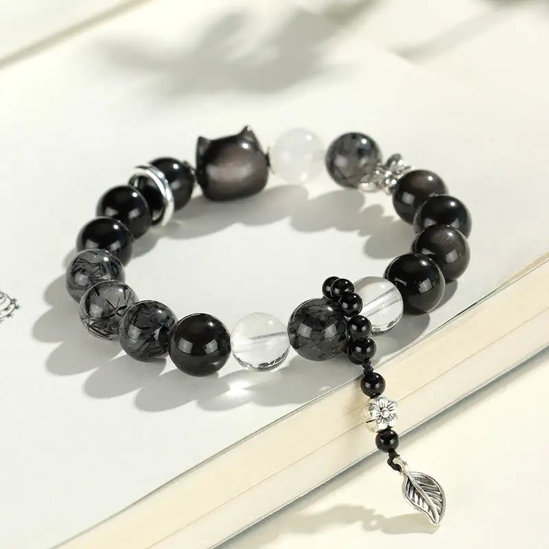 Natural Obsidian Cat Head Fox Planet Bracelet