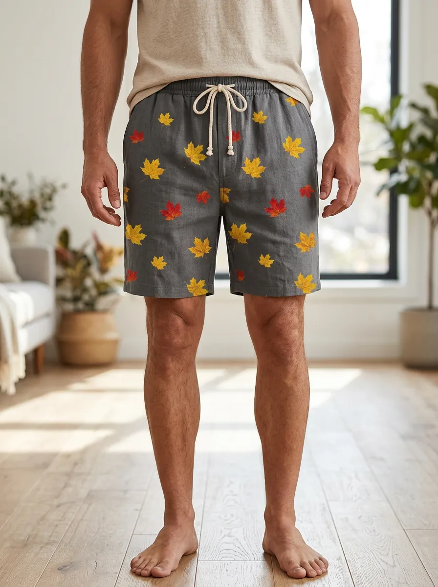 Maple Leaf Print Drawstring Side Pockets Shorts