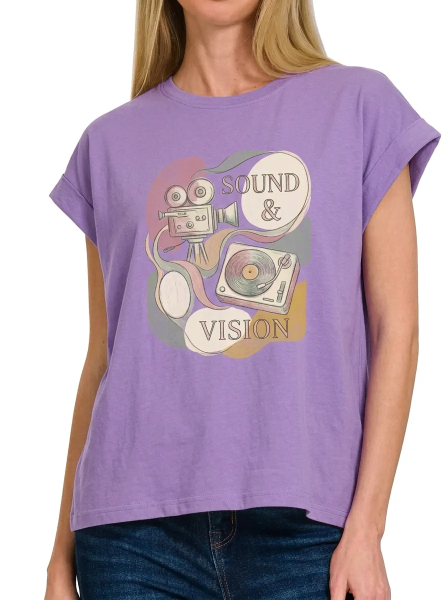 Women's Retro Cinema Music Lover Sound & Vision Printed T-shirt