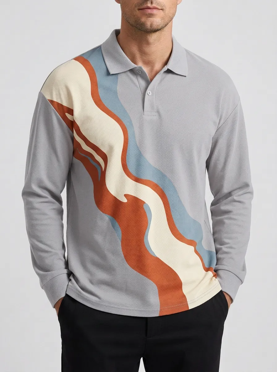 Men's Abstract Wave Pattern Printed Long Sleeve Polo Shirt Relaxed Design