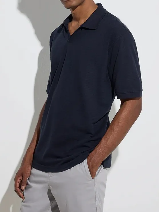Navy Loose Cotton-Blend Polo T-Shirt