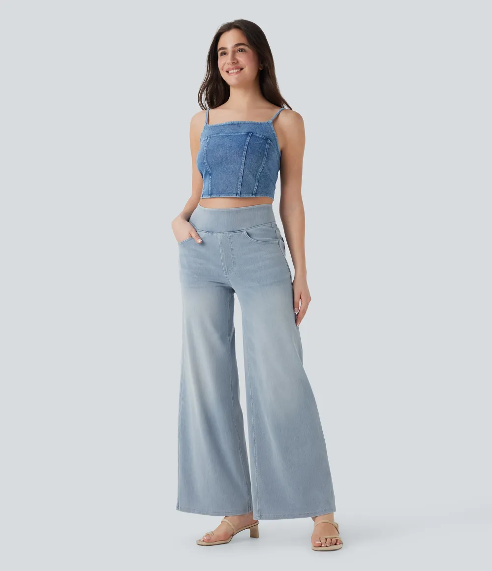 2026🔥  High Waisted Multiple Pockets Baggy Wide Leg Washed Stretchy Knit Casual Jeans