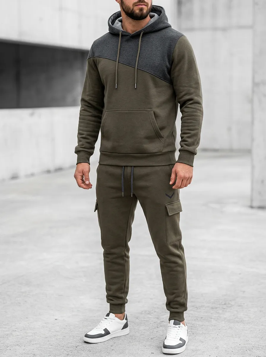 Men's Cargo Jogger Colorblock Sport Inspired Hoodie and Jogger Set