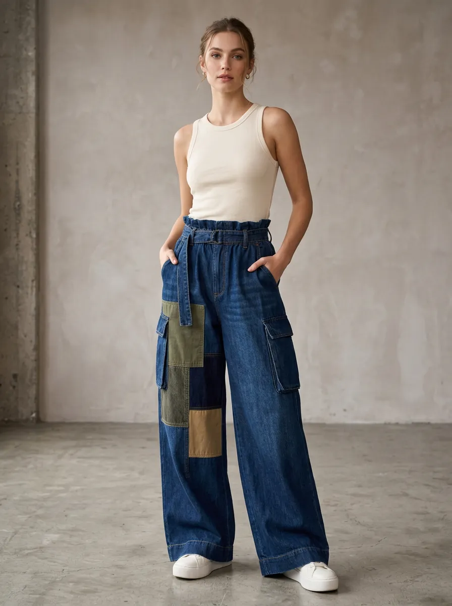 Women's Casual Fashion Patchwork Denim High-Waisted Cargo Pants