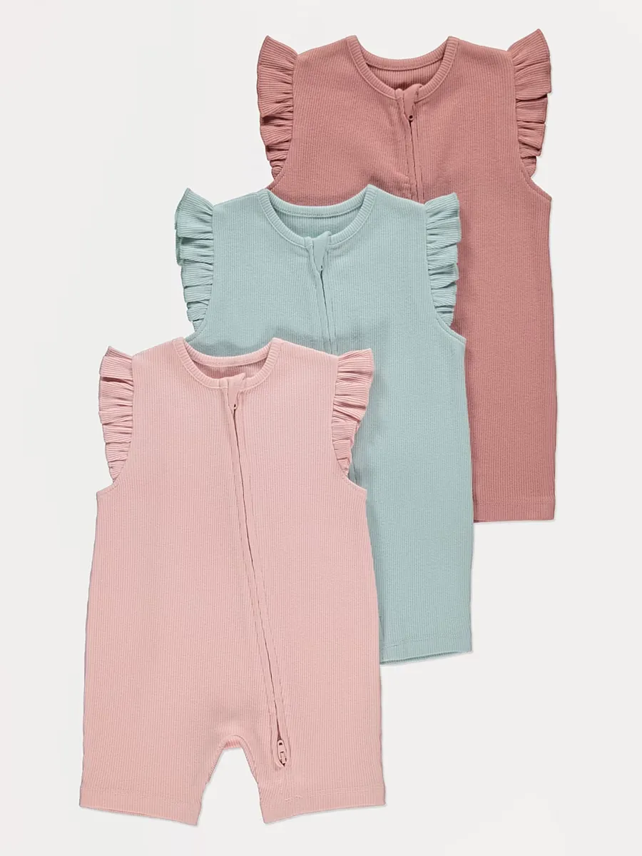 Frill Sleeve Zip Fasten Rompers 3 Pack